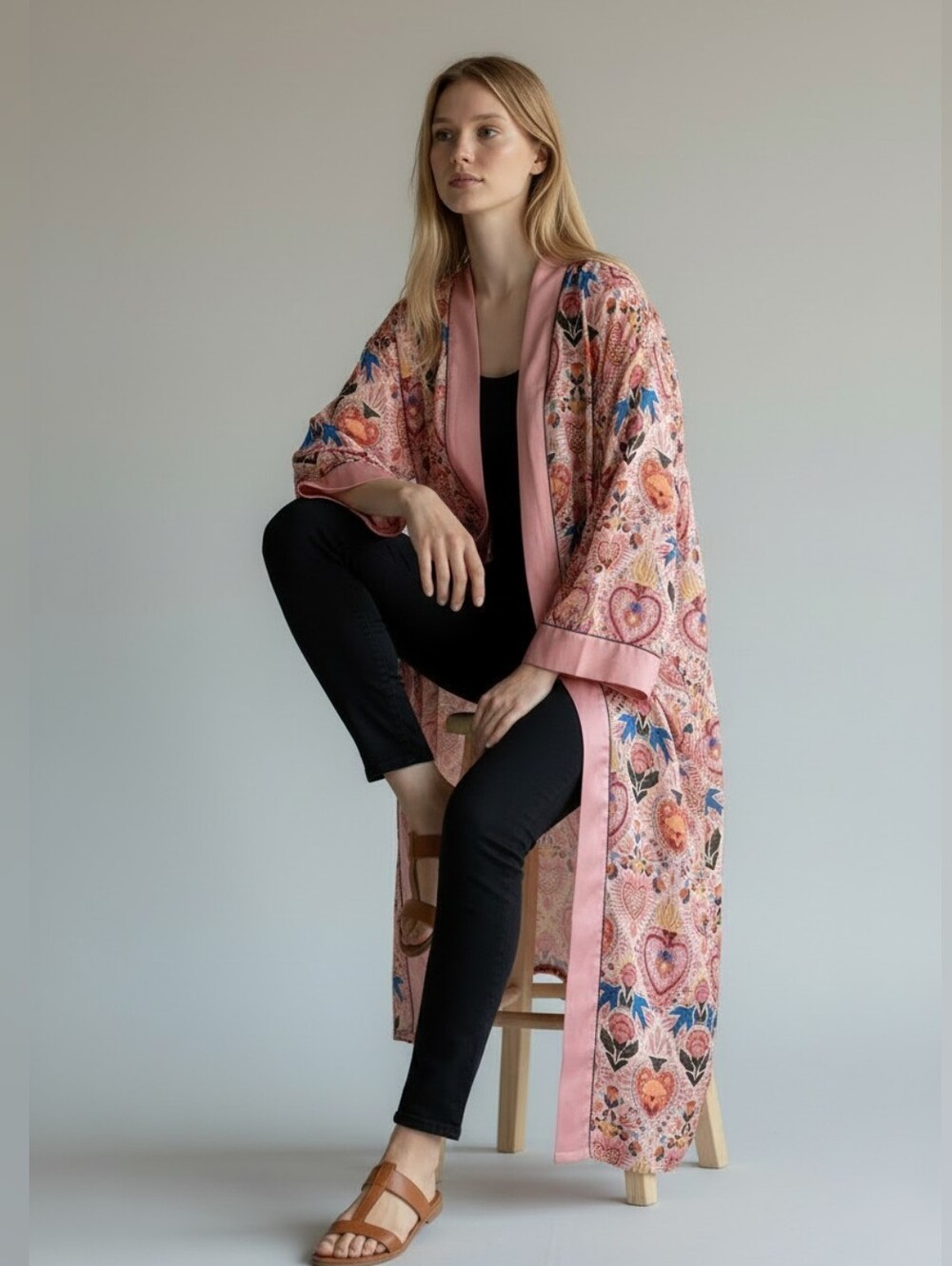 Cost Plus World Market Pink Floral Embroidered Kimono Wrap Without Tie One Size
